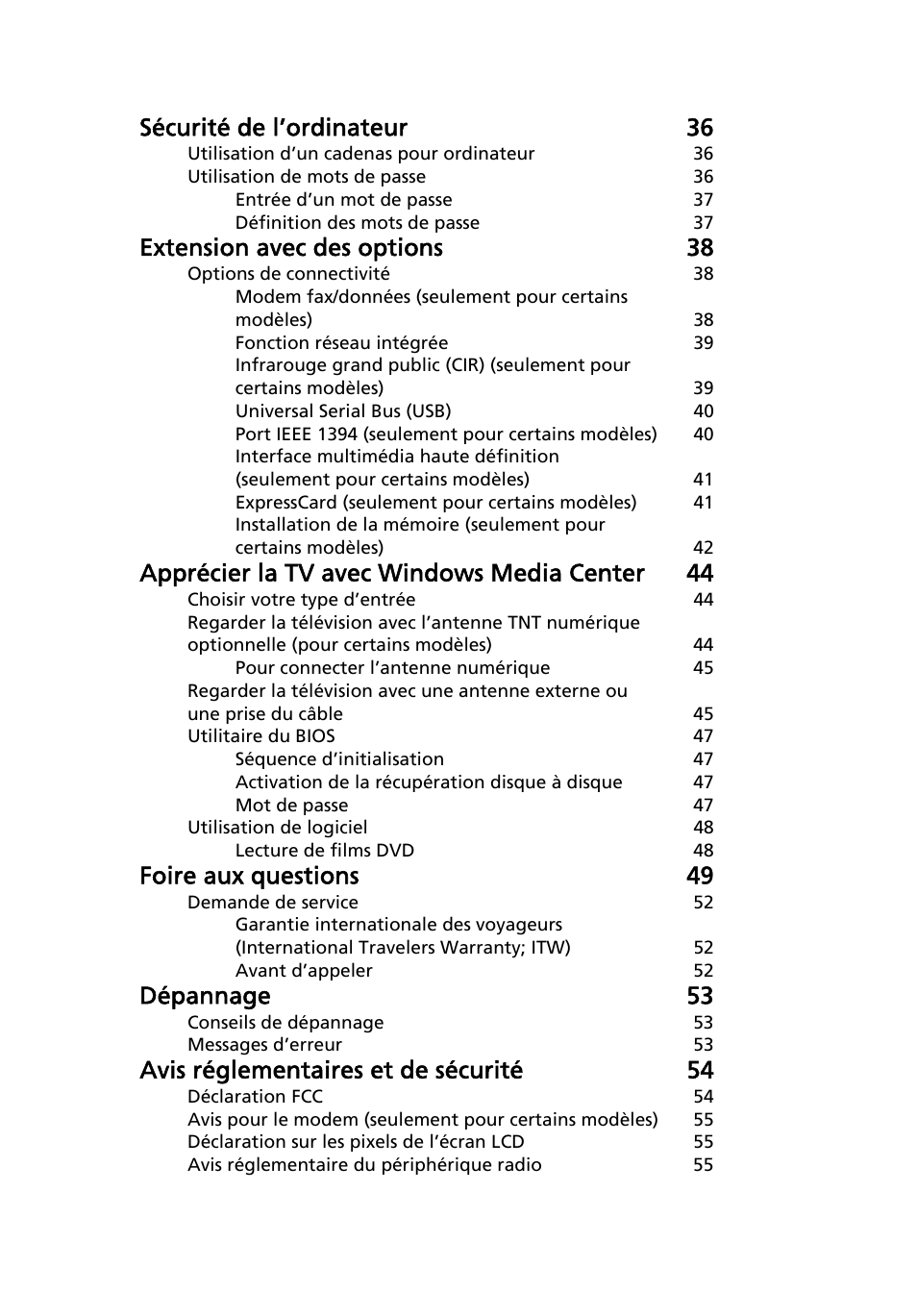 Sécurité de l’ordinateur 36, Extension avec des options 38, Apprécier la tv avec windows media center 44 | Foire aux questions 49, Dépannage 53, Avis réglementaires et de sécurité 54 | Acer Aspire 4253 User Manual | Page 97 / 2348