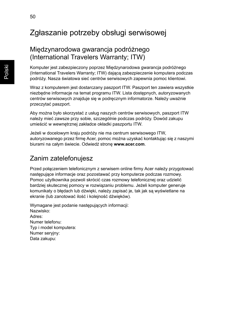 Zgłaszanie potrzeby obsługi serwisowej, Zanim zatelefonujesz | Acer Aspire 4253 User Manual | Page 986 / 2348