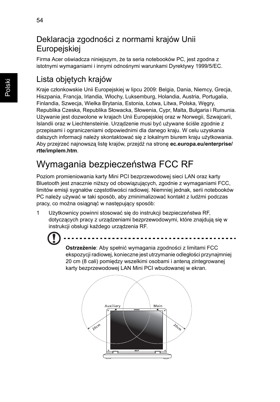 Wymagania bezpieczeństwa fcc rf, Lista objętych krajów | Acer Aspire 4253 User Manual | Page 990 / 2348