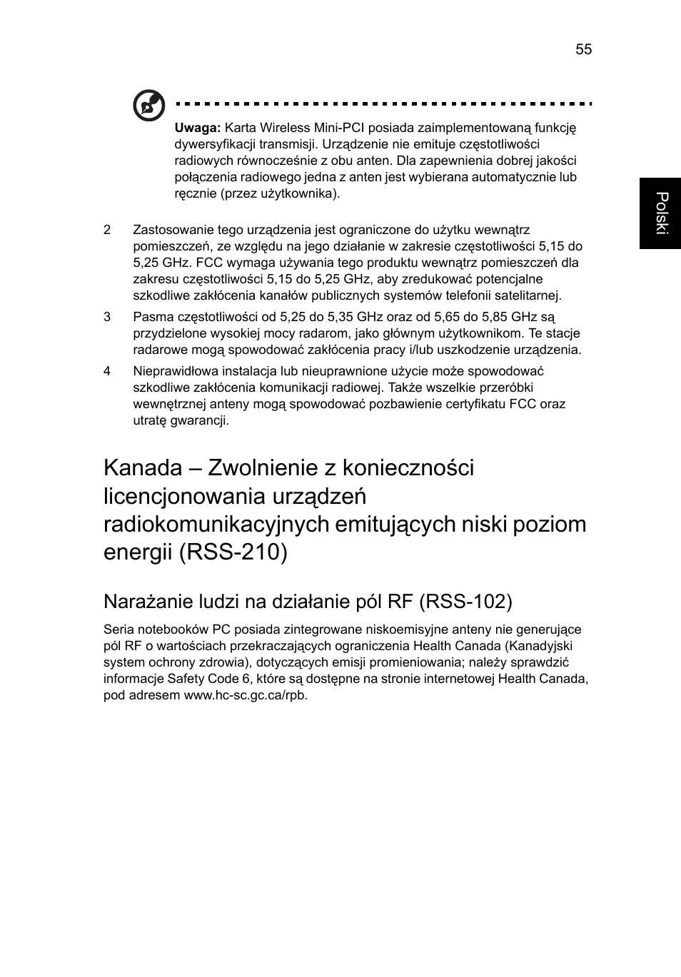 Narażanie ludzi na działanie pól rf (rss-102) | Acer Aspire 4253 User Manual | Page 991 / 2348