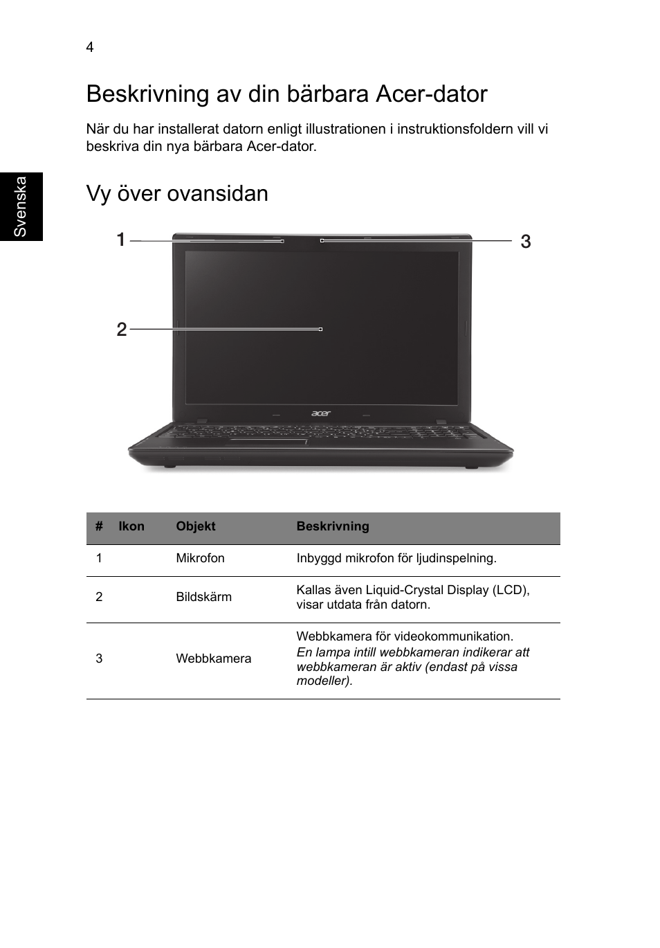 Beskrivning av din bärbara acer-dator, Vy över ovansidan | Acer TravelMate P453-MG User Manual | Page 100 / 312