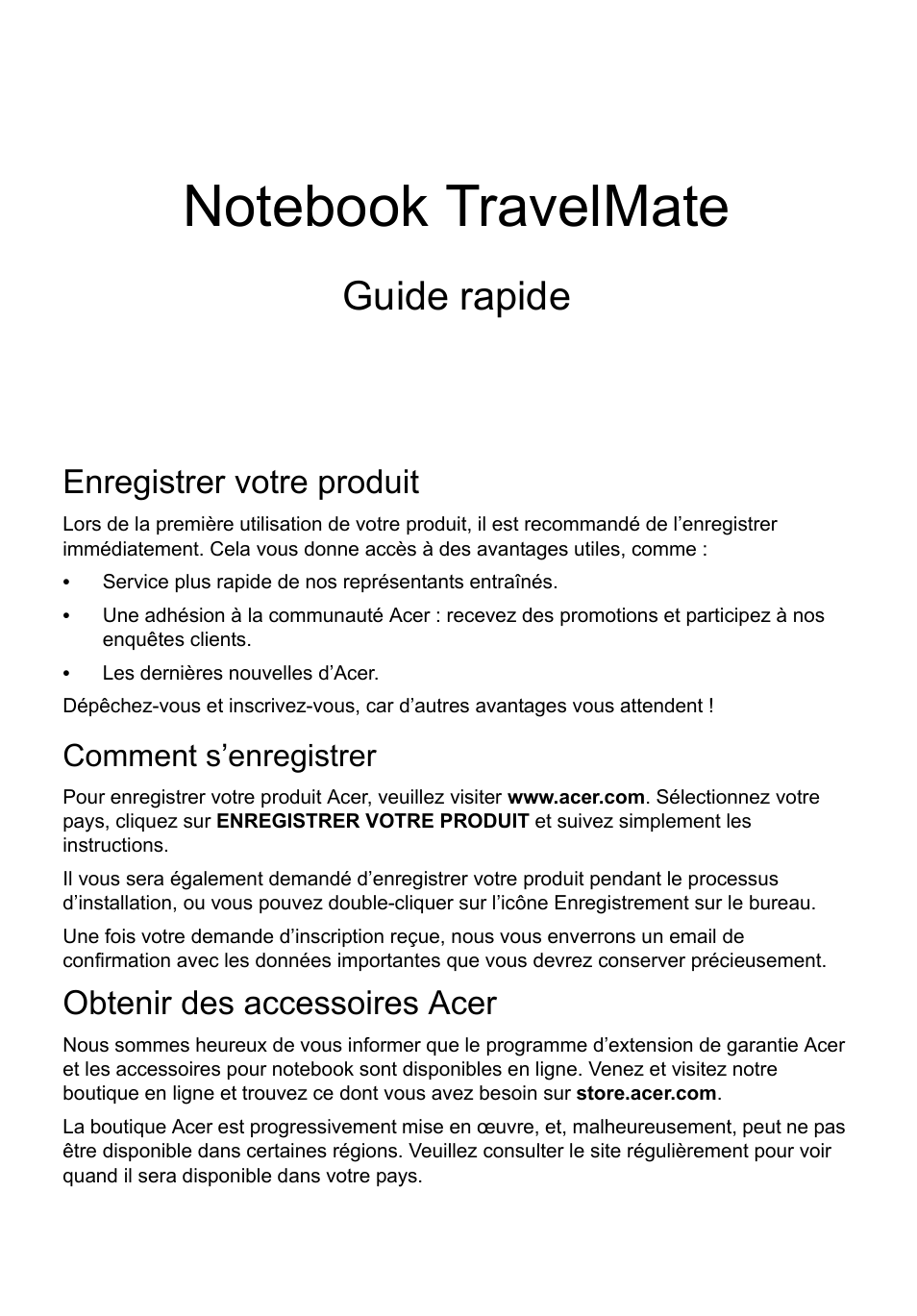 Français, Enregistrer votre produit, Comment s’enregistrer | Obtenir des accessoires acer, Guide rapide | Acer TravelMate P453-MG User Manual | Page 13 / 312