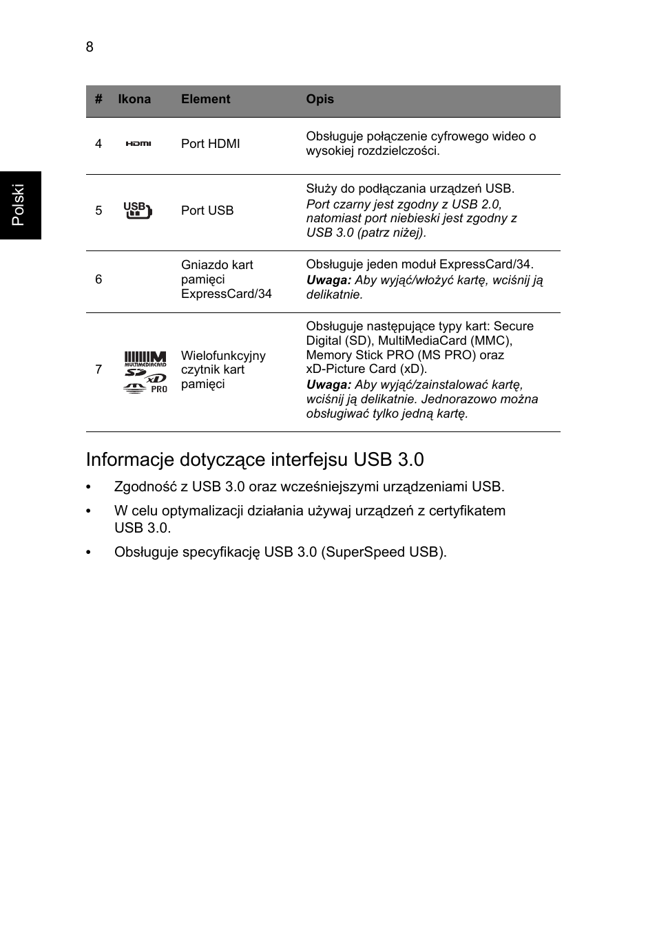 Informacje dotyczące interfejsu usb 3.0 | Acer TravelMate P453-MG User Manual | Page 136 / 312