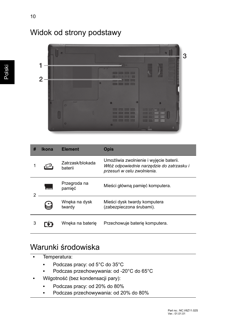 Widok od strony podstawy, Warunki środowiska, Widok od strony podstawy warunki środowiska | Acer TravelMate P453-MG User Manual | Page 138 / 312