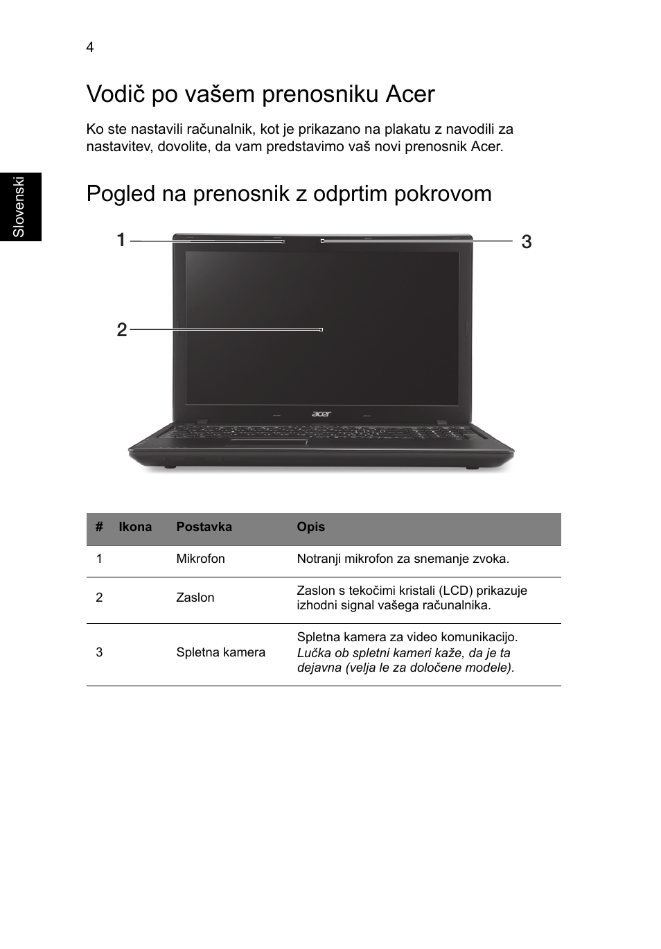 Vodič po vašem prenosniku acer, Pogled na prenosnik z odprtim pokrovom | Acer TravelMate P453-MG User Manual | Page 172 / 312