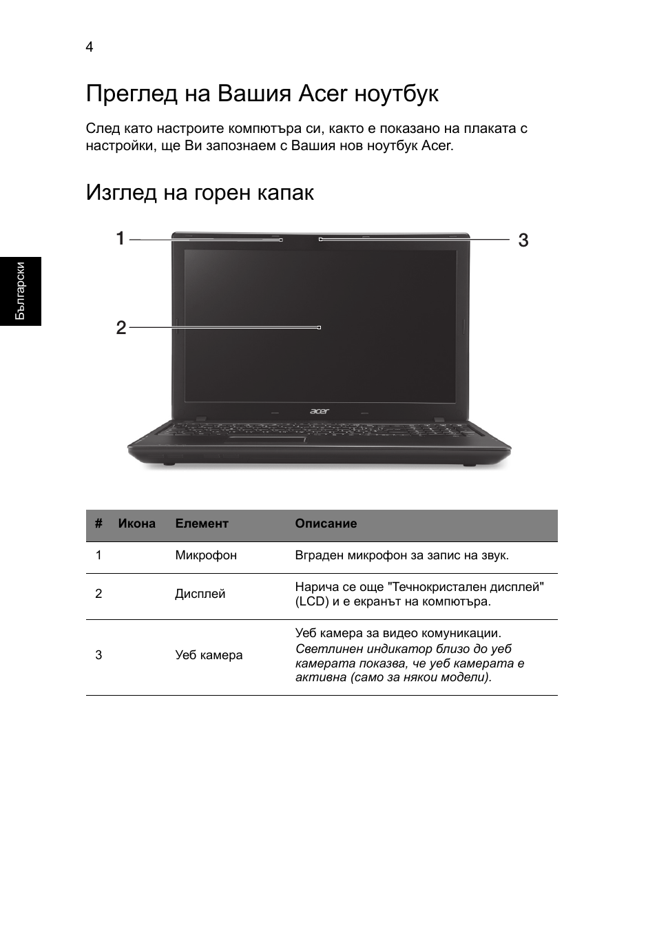 Преглед на вашия acer ноутбук, Изглед на горен капак | Acer TravelMate P453-MG User Manual | Page 202 / 312