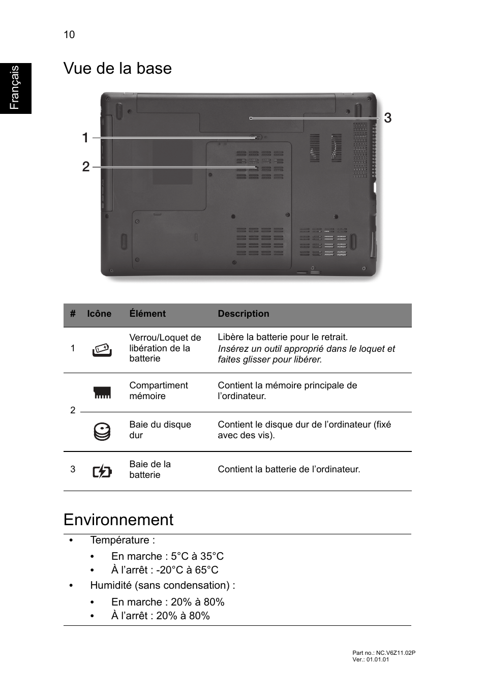 Vue de la base, Environnement, Vue de la base environnement | Acer TravelMate P453-MG User Manual | Page 22 / 312