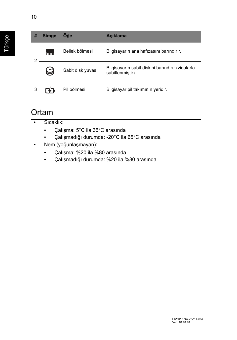 Ortam | Acer TravelMate P453-MG User Manual | Page 262 / 312