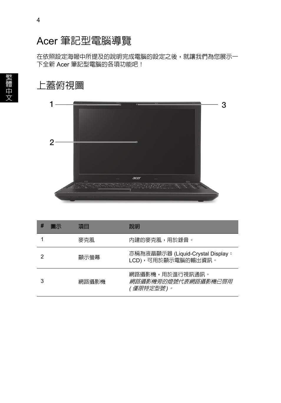 Acer 筆記型電腦導覽, 上蓋俯視圖 | Acer TravelMate P453-MG User Manual | Page 286 / 312