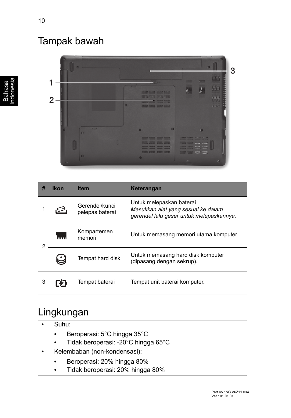 Tampak bawah, Lingkungan, Tampak bawah lingkungan | Acer TravelMate P453-MG User Manual | Page 302 / 312