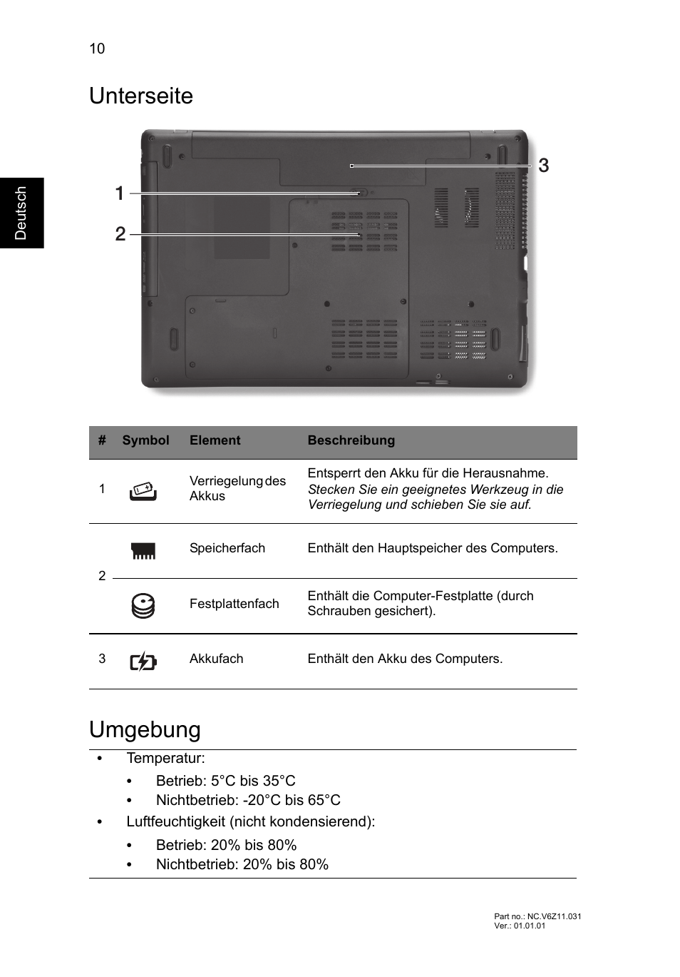 Unterseite, Umgebung, Unterseite umgebung | Acer TravelMate P453-MG User Manual | Page 32 / 312