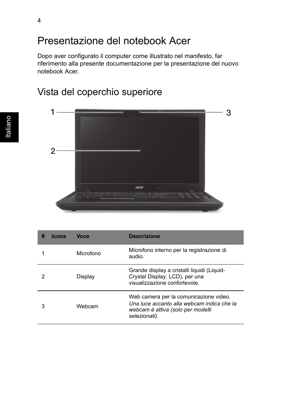 Presentazione del notebook acer, Vista del coperchio superiore | Acer TravelMate P453-MG User Manual | Page 36 / 312