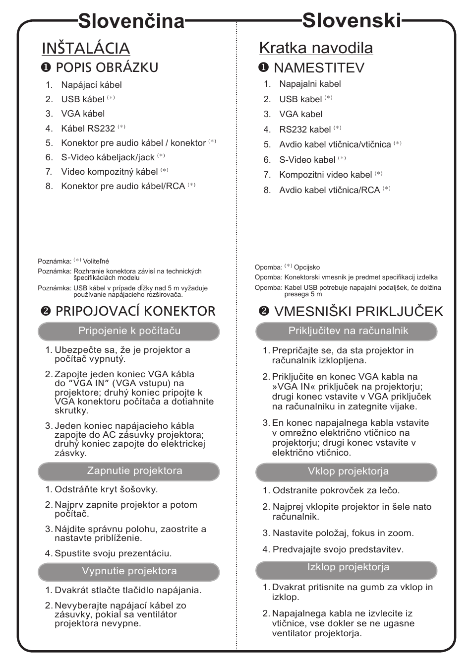 Slovenski, Slovenčina, Kratka navodila | Inštalácia, Namestitev, Vmesniški priključek, Popis obrázku, Pripojovací konektor | Acer X1161Pn User Manual | Page 11 / 18