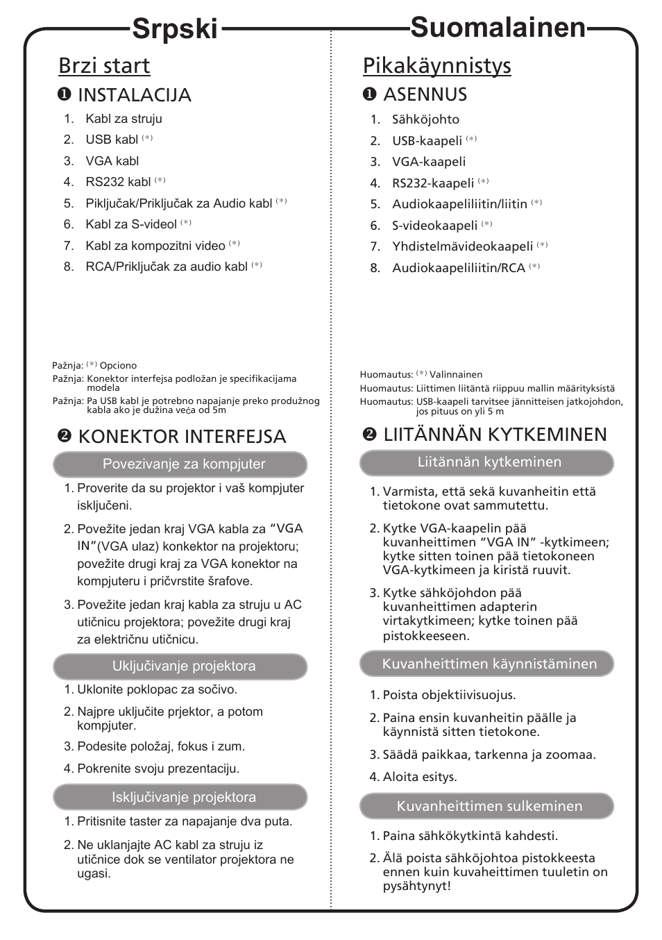 Suomalainen, Srpski, Pikakäynnistys | Brzi start, Asennus, Liitännän kytkeminen, Instalacija, Konektor interfejsa | Acer X1161Pn User Manual | Page 12 / 18