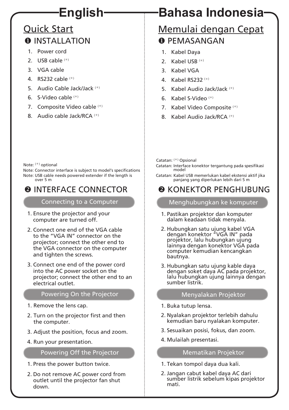 English, Bahasa indonesia, Quick start | Memulai dengan cepat, Installation, Interface connector, Pemasangan, Konektor penghubung | Acer X1161Pn User Manual | Page 2 / 18