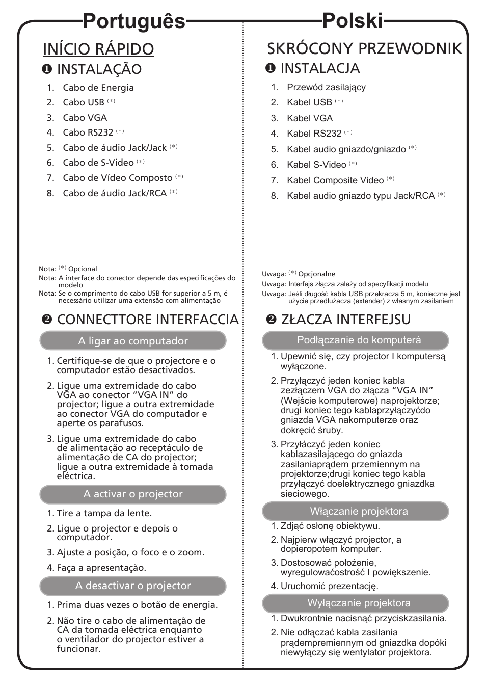 Português, Polski, Início rápido | Skrócony przewodnik, Instalação, Connecttore interfaccia, Instalacja, Złacza interfejsu | Acer X1161Pn User Manual | Page 9 / 18