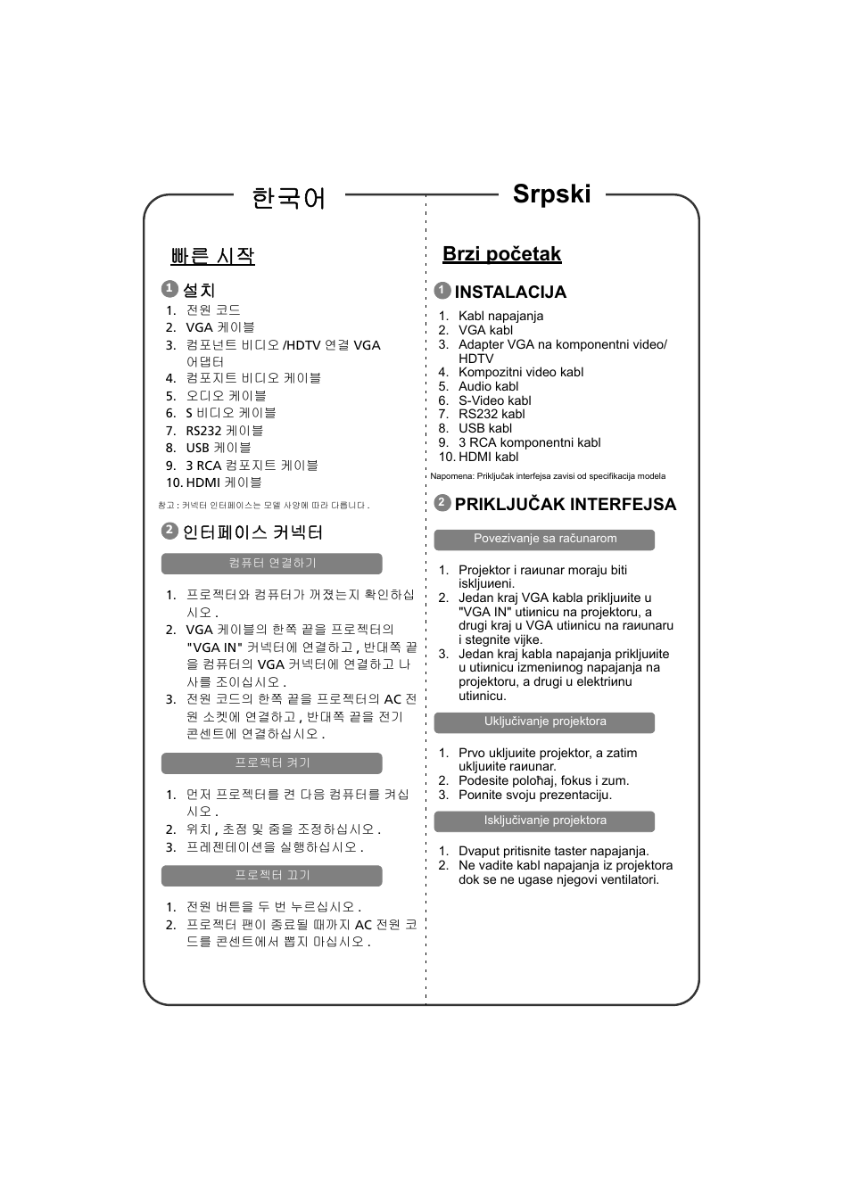 빠른 시작, 인터페이스 커넥터, Brzi poèetak | Instalacija, Prikljuèak interfejsa, Srpski 한국어, Brzi početak, Priključak interfejsa | Acer P1500 User Manual | Page 18 / 19