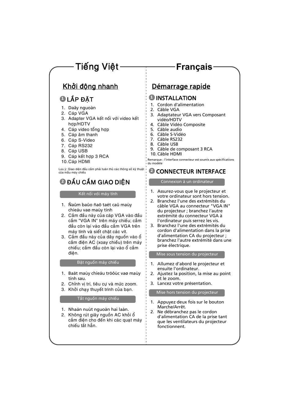 Khôûi ñoäng nhanh, Laép ñaët, Ñaàu caém giao dieän | Démarrage rapide, Installation, Connecteur interface, Français tieáng vieät | Acer P1500 User Manual | Page 7 / 19