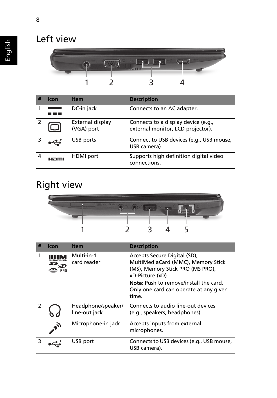 Left view, Right view, Left view right view | Acer AO522 User Manual | Page 10 / 302