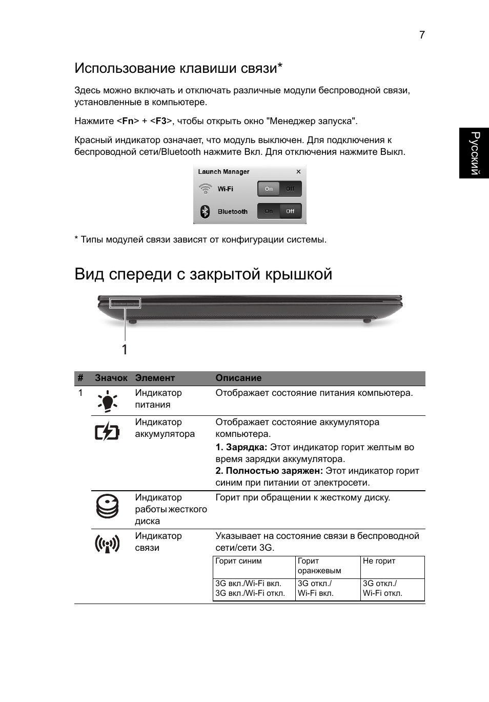 Вид спереди с закрытой крышкой, Использование клавиши связи | Acer AO522 User Manual | Page 123 / 302