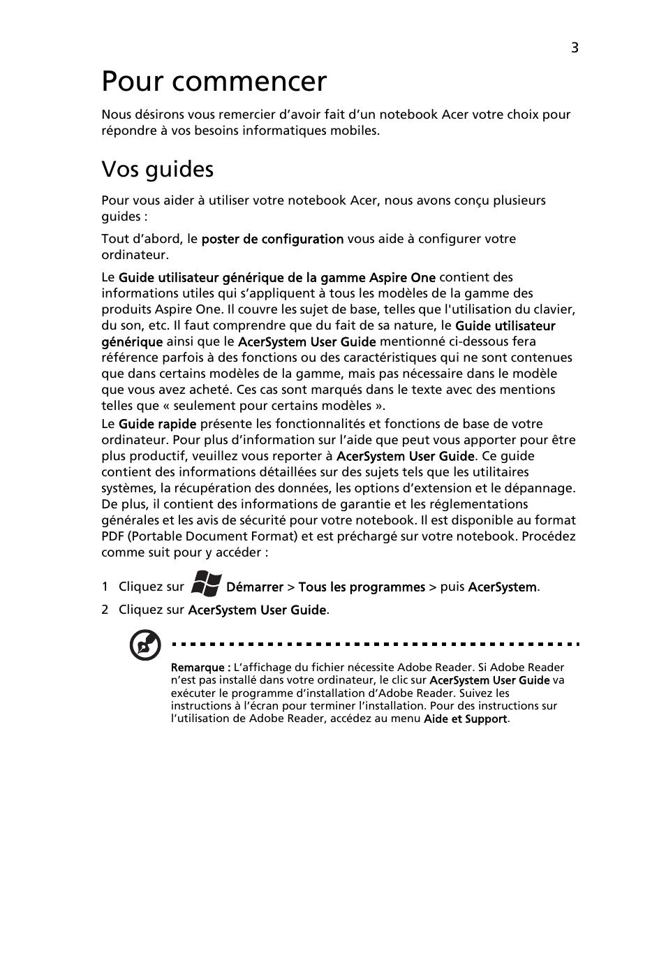 Pour commencer, Vos guides | Acer AO522 User Manual | Page 15 / 302