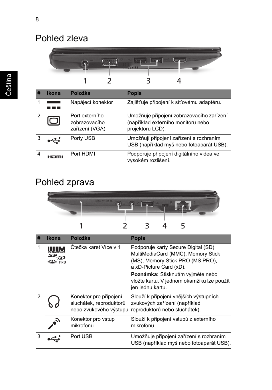 Pohled zleva, Pohled zprava, Pohled zleva pohled zprava | Acer AO522 User Manual | Page 156 / 302