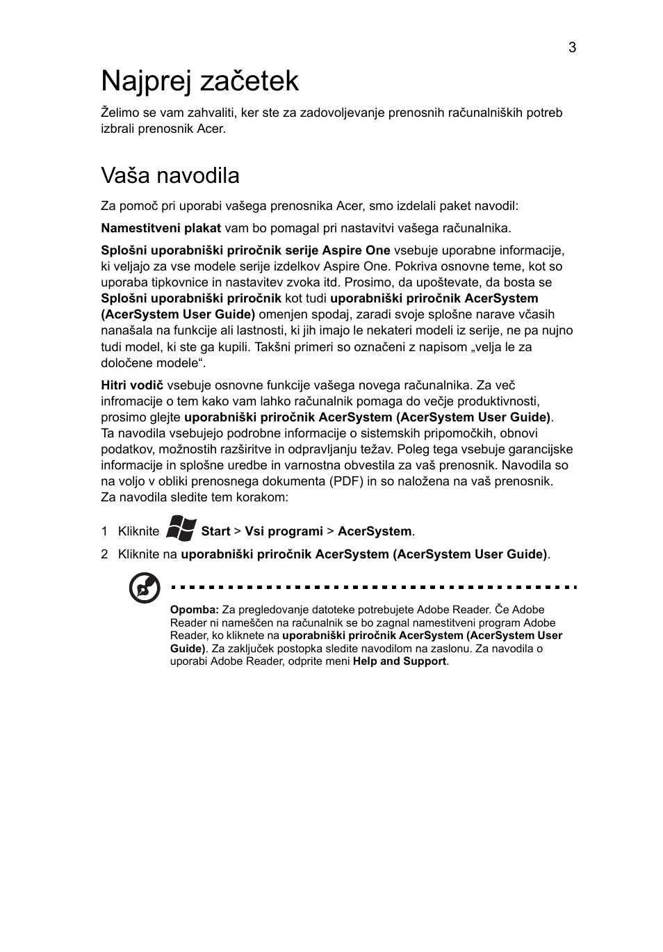 Najprej začetek, Vaša navodila | Acer AO522 User Manual | Page 171 / 302