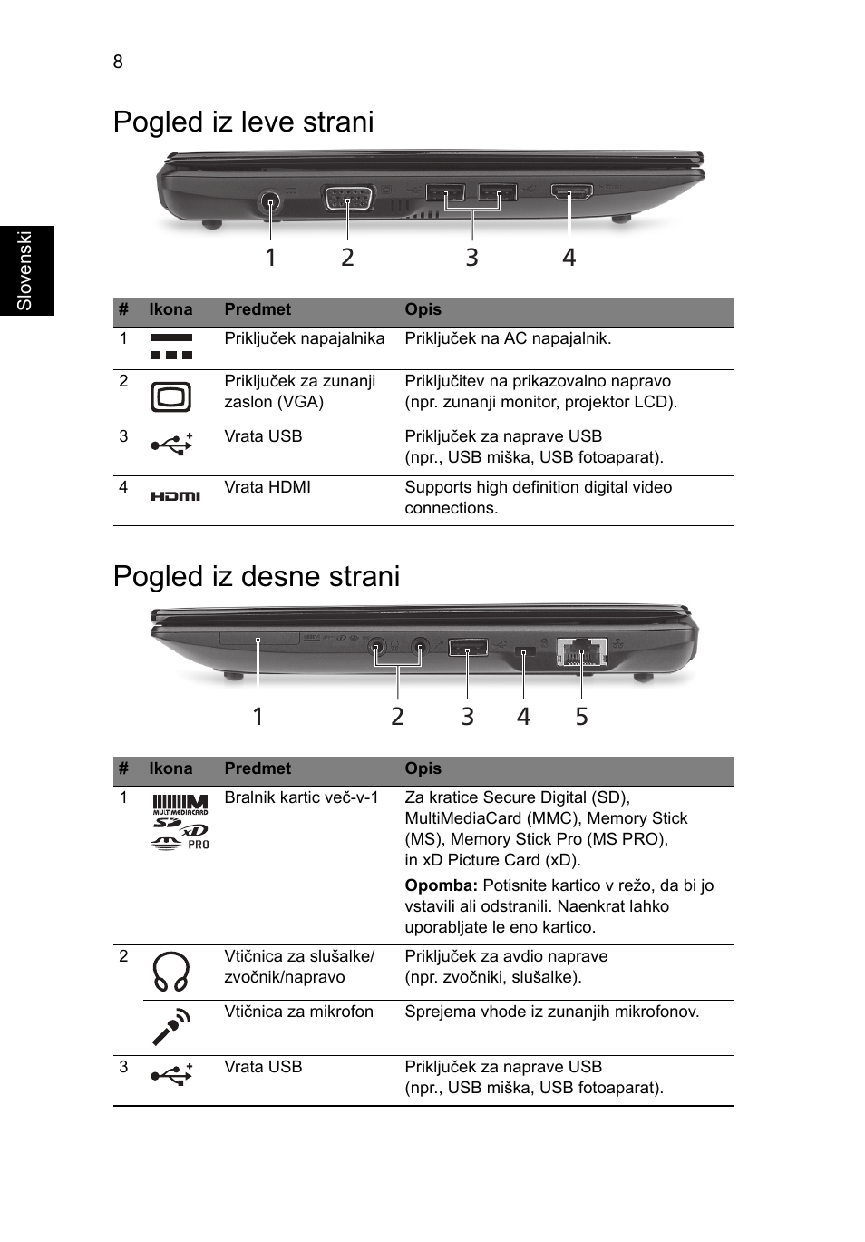 Pogled iz leve strani, Pogled iz desne strani, Pogled iz leve strani pogled iz desne strani | Acer AO522 User Manual | Page 176 / 302