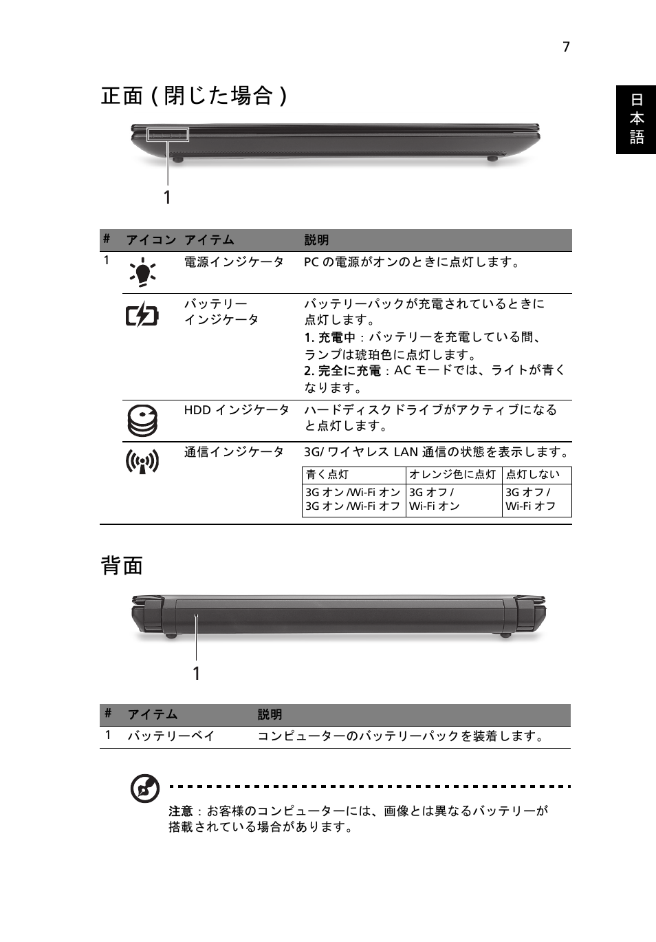 正面 (閉じた場合), 正面 ( 閉じた場合 ) 背面 | Acer AO522 User Manual | Page 249 / 302