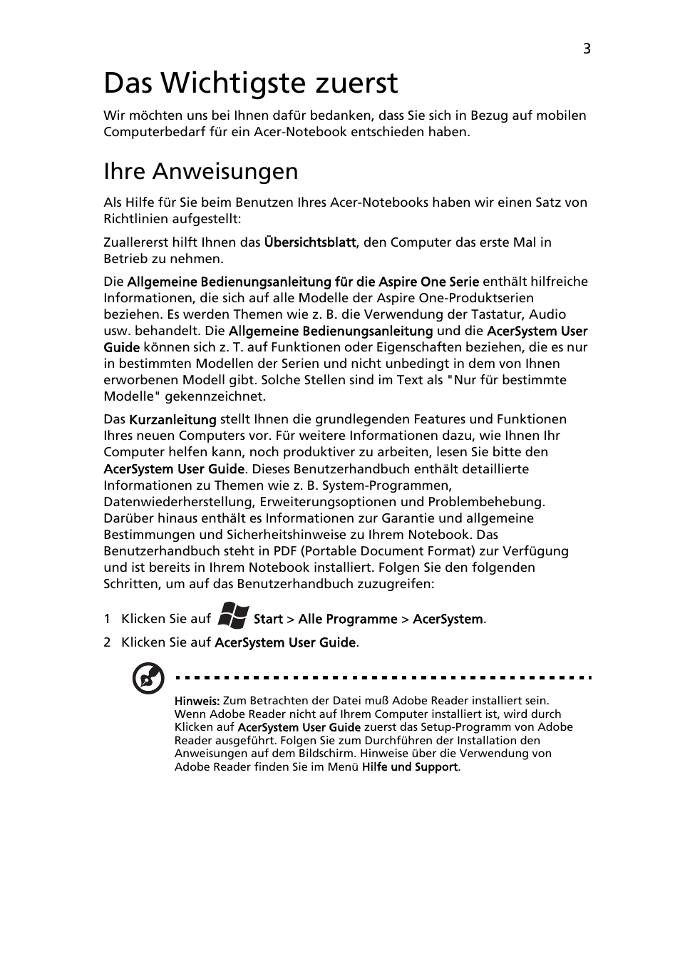 Das wichtigste zuerst, Ihre anweisungen | Acer AO522 User Manual | Page 27 / 302