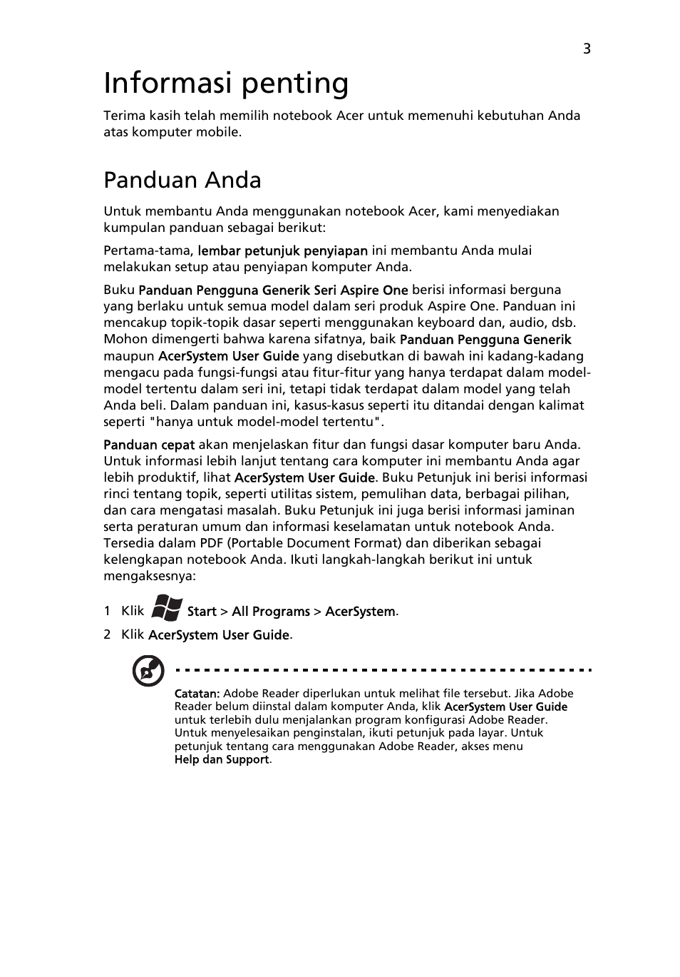 Informasi penting, Panduan anda | Acer AO522 User Manual | Page 285 / 302