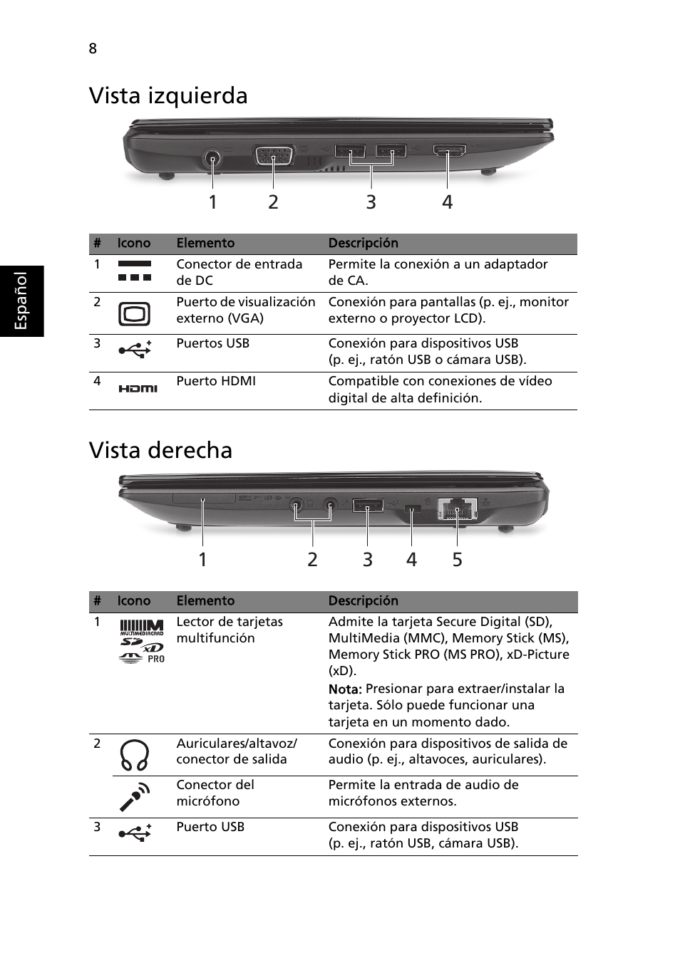 Vista izquierda, Vista derecha, Vista izquierda vista derecha | Acer AO522 User Manual | Page 52 / 302