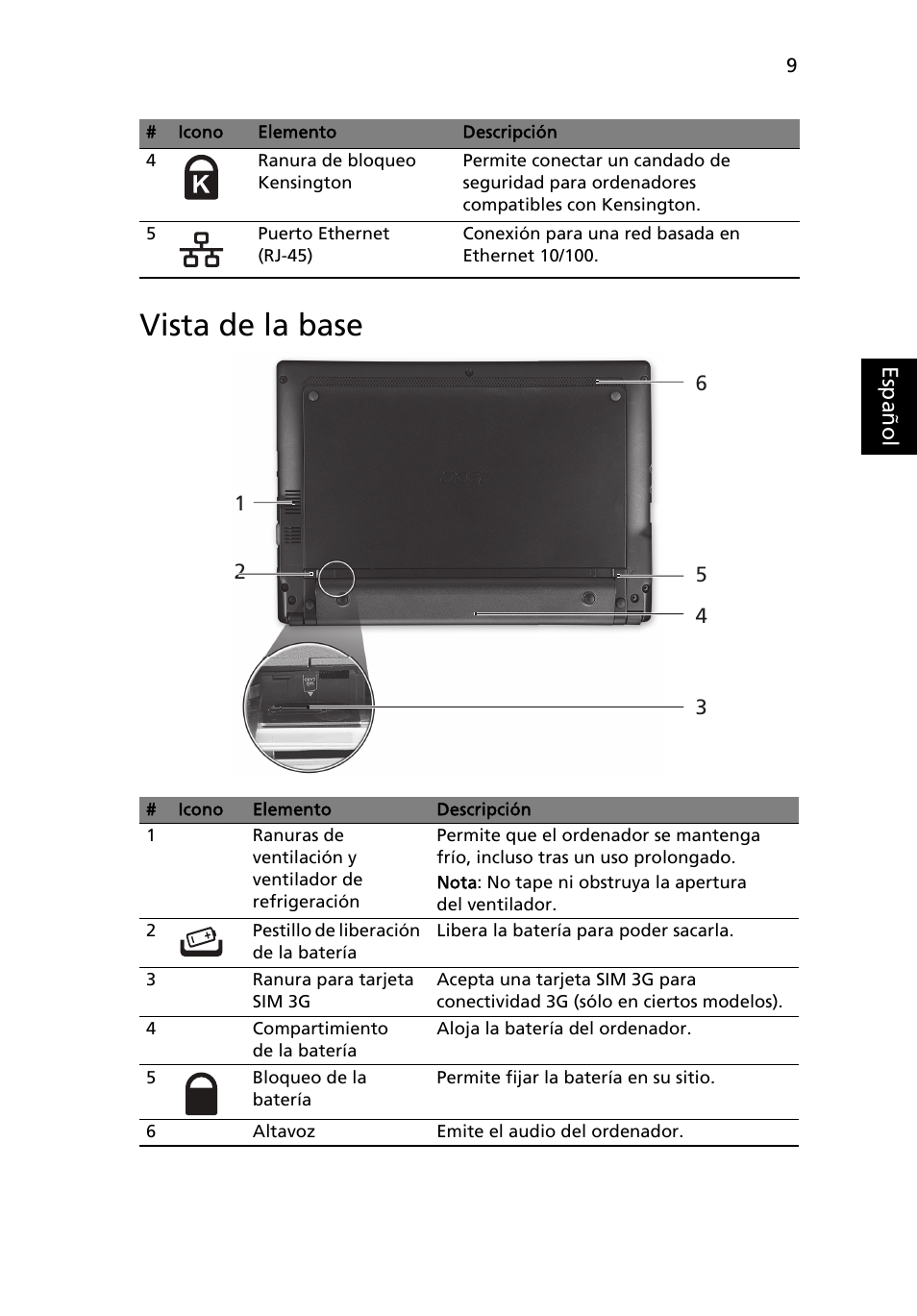 Vista de la base | Acer AO522 User Manual | Page 53 / 302