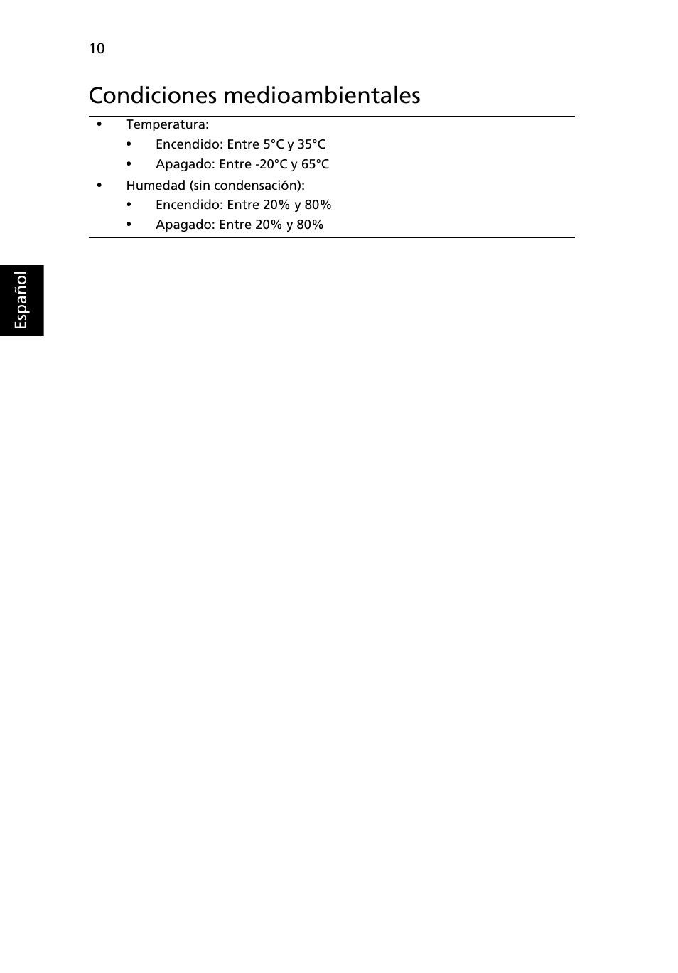 Condiciones medioambientales | Acer AO522 User Manual | Page 54 / 302