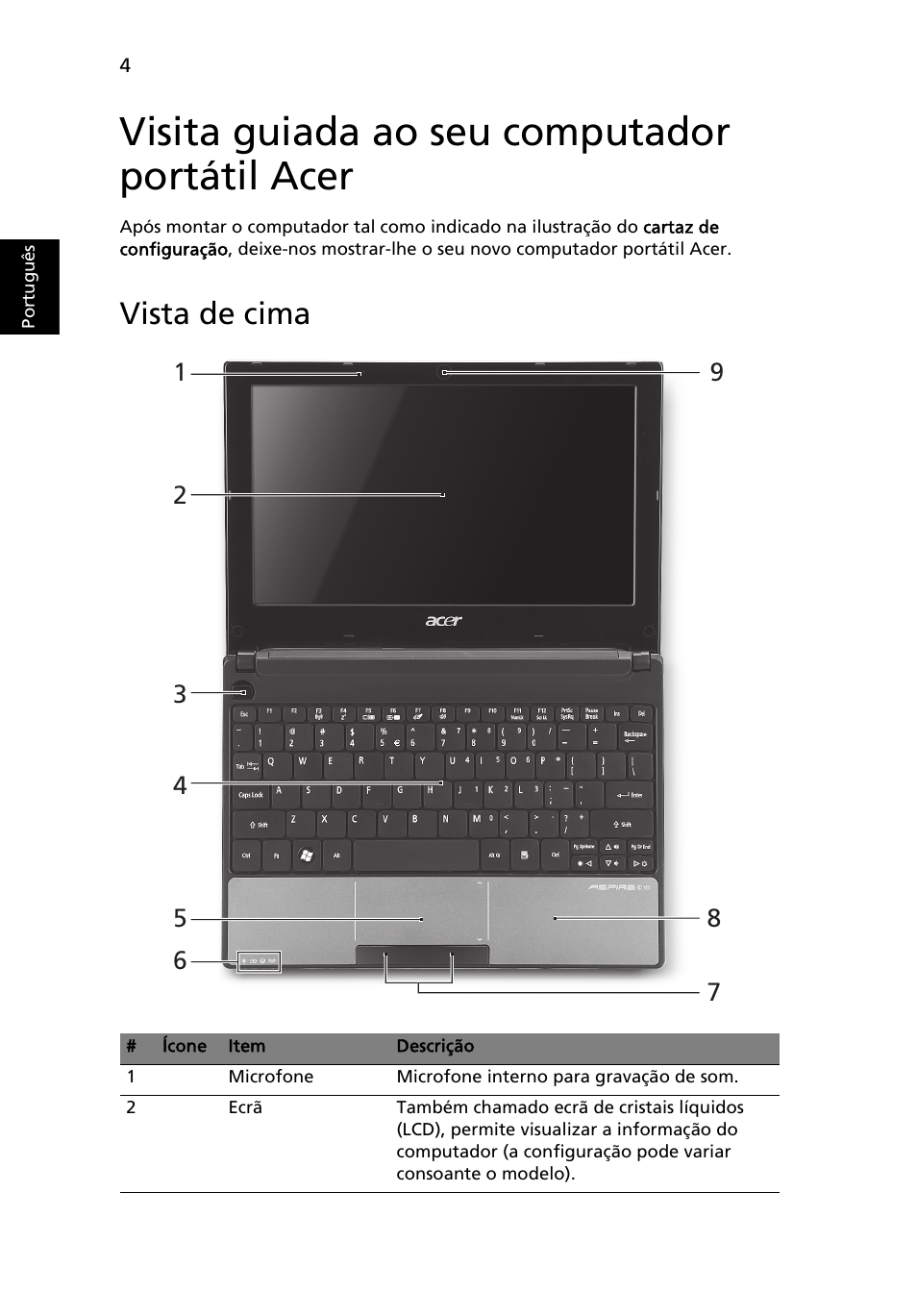 Visita guiada ao seu computador portátil acer, Vista de cima | Acer AO522 User Manual | Page 58 / 302