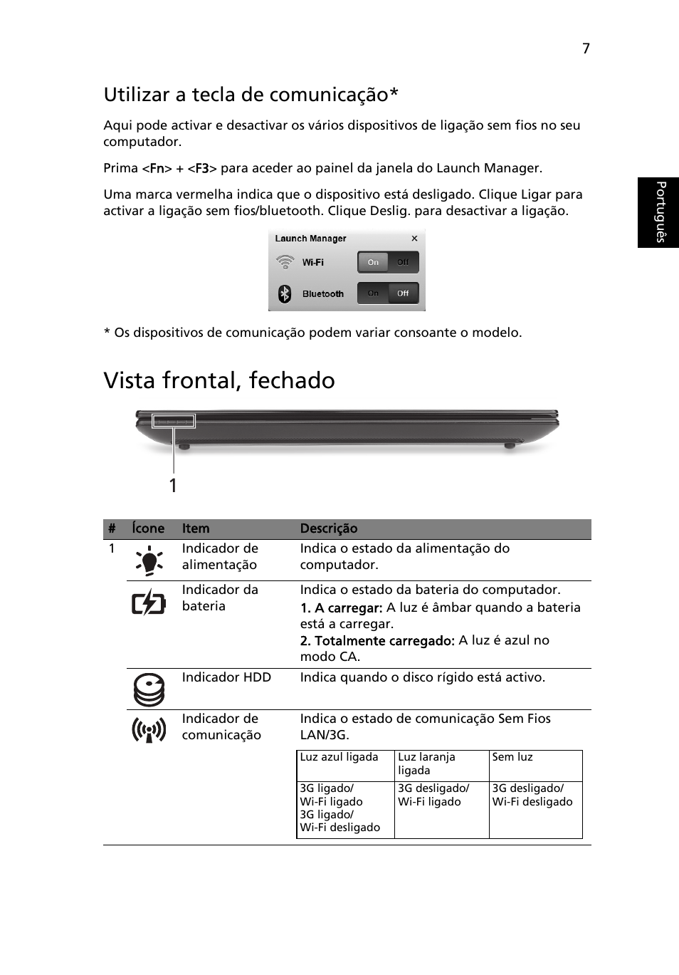 Vista frontal, fechado, Utilizar a tecla de comunicação, Portugu ês | Acer AO522 User Manual | Page 61 / 302