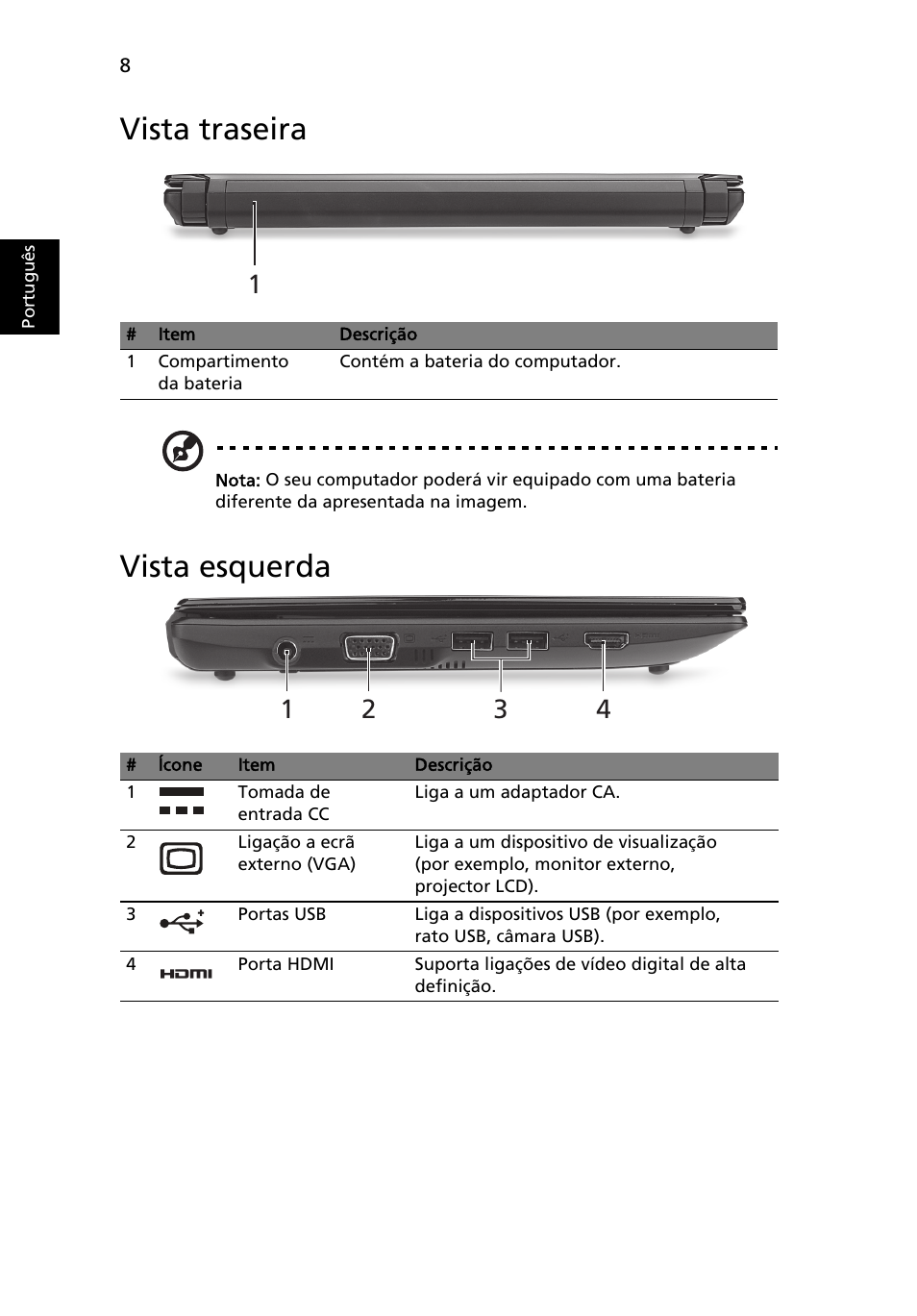 Vista traseira, Vista esquerda | Acer AO522 User Manual | Page 62 / 302