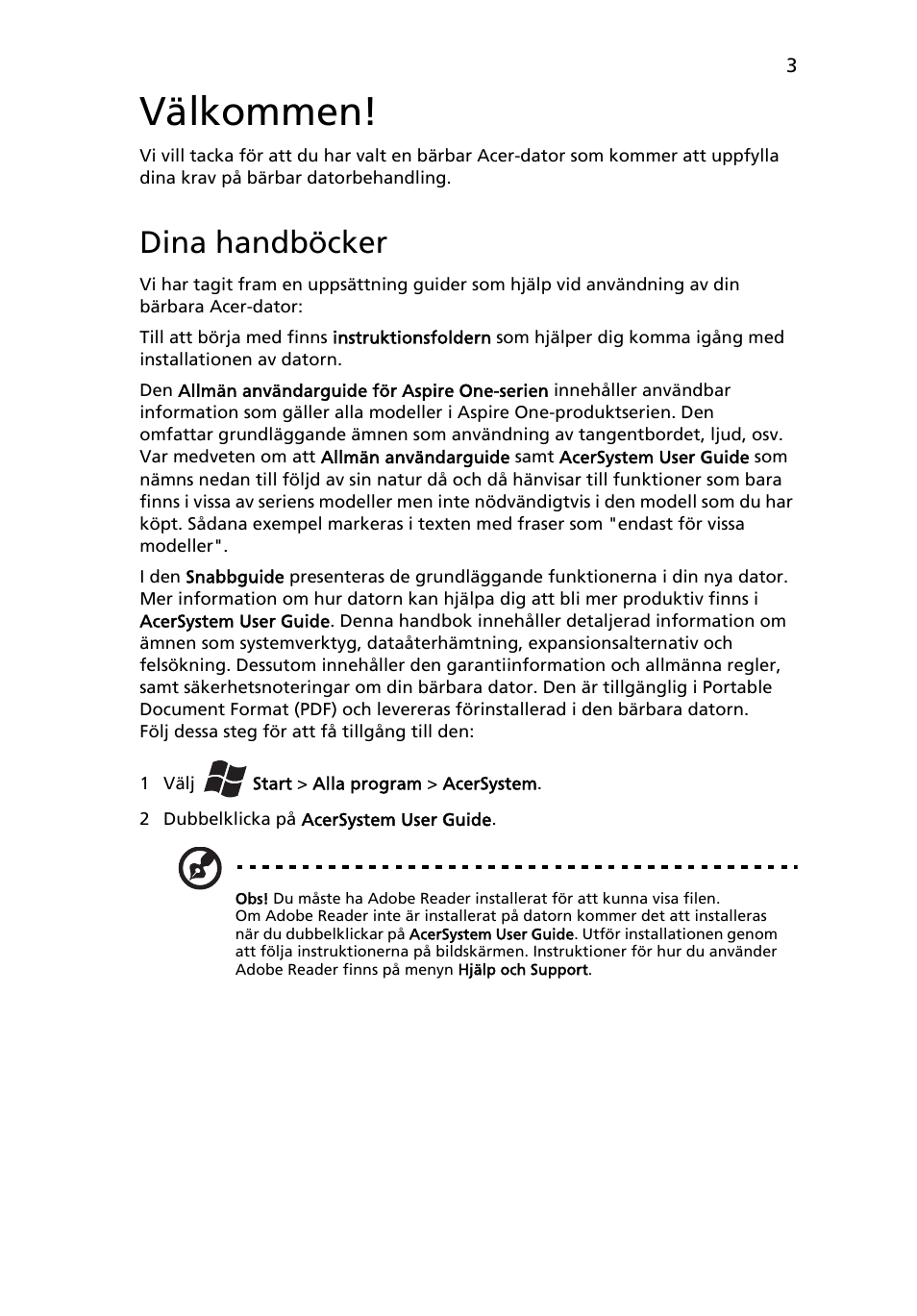 Välkommen, Dina handböcker | Acer AO522 User Manual | Page 99 / 302