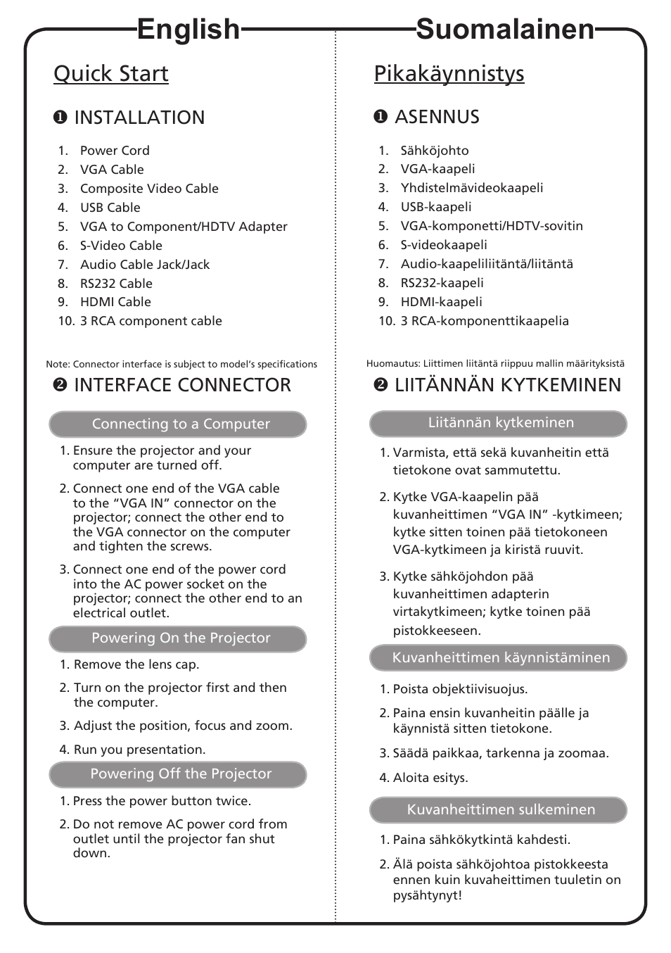 Suomalainen, English, Pikakäynnistys | Quick start, Asennus, Liitännän kytkeminen, Installation, Interface connector | Acer S1200 User Manual | Page 2 / 2
