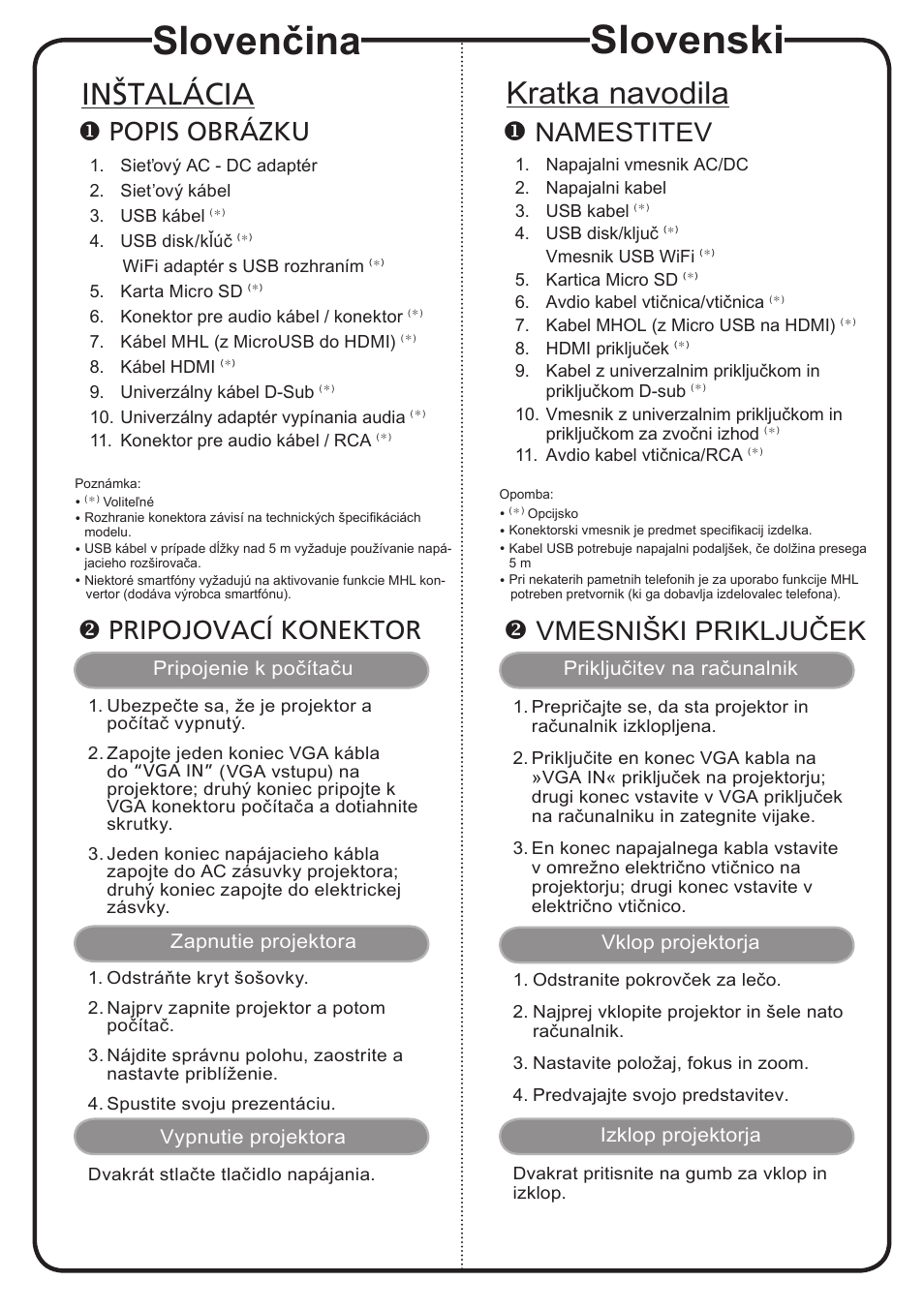 Slovenski, Slovenčina, Kratka navodila | Inštalácia, Namestitev, Vmesniški priključek, Popis obrázku, Pripojovací konektor | Acer K137 User Manual | Page 11 / 18