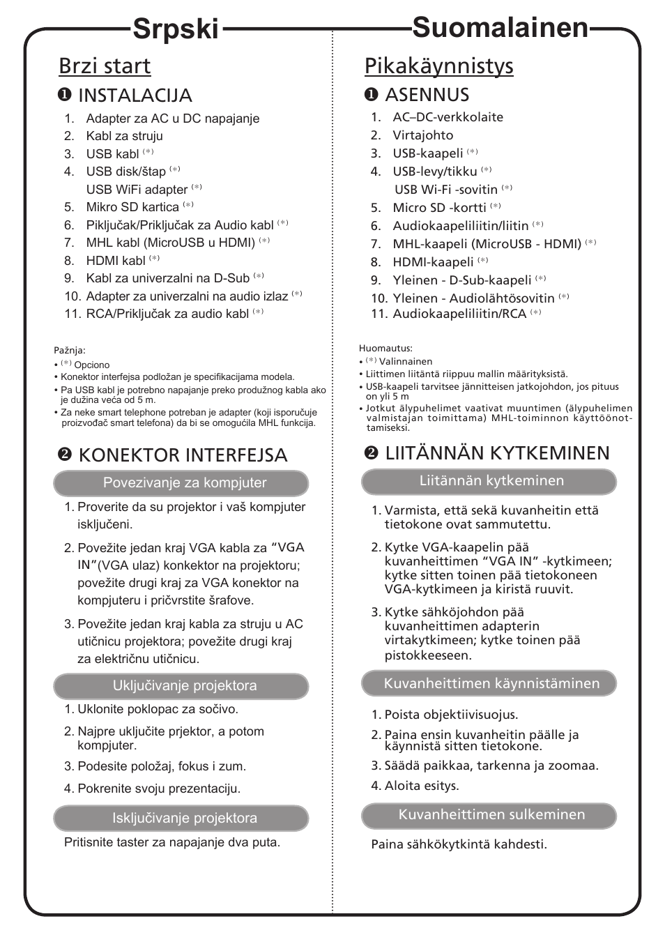 Suomalainen, Srpski, Pikakäynnistys | Brzi start, Asennus, Instalacija, Konektor interfejsa, Liitännän kytkeminen, Kuvanheittimen käynnistäminen, Kuvanheittimen sulkeminen | Acer K137 User Manual | Page 12 / 18