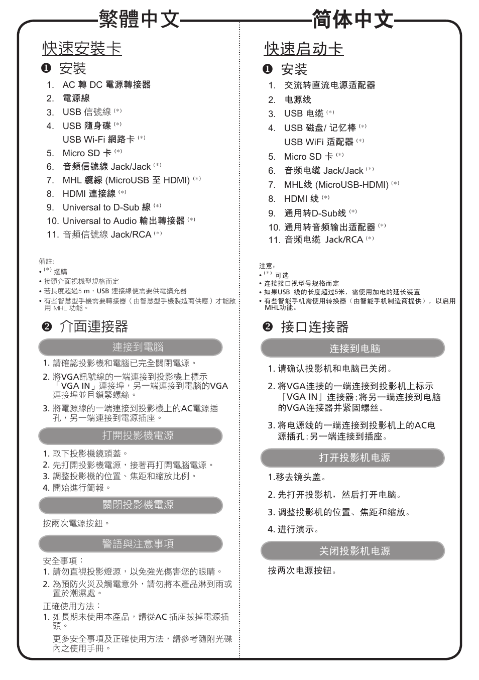 简体中文, 繁體中文, 快速启动卡 | 快速安裝卡, 接口连接器, 介面連接器, 连接到电脑, 打开投影机电源, 关闭投影机电源, 連接到電腦 | Acer K137 User Manual | Page 14 / 18