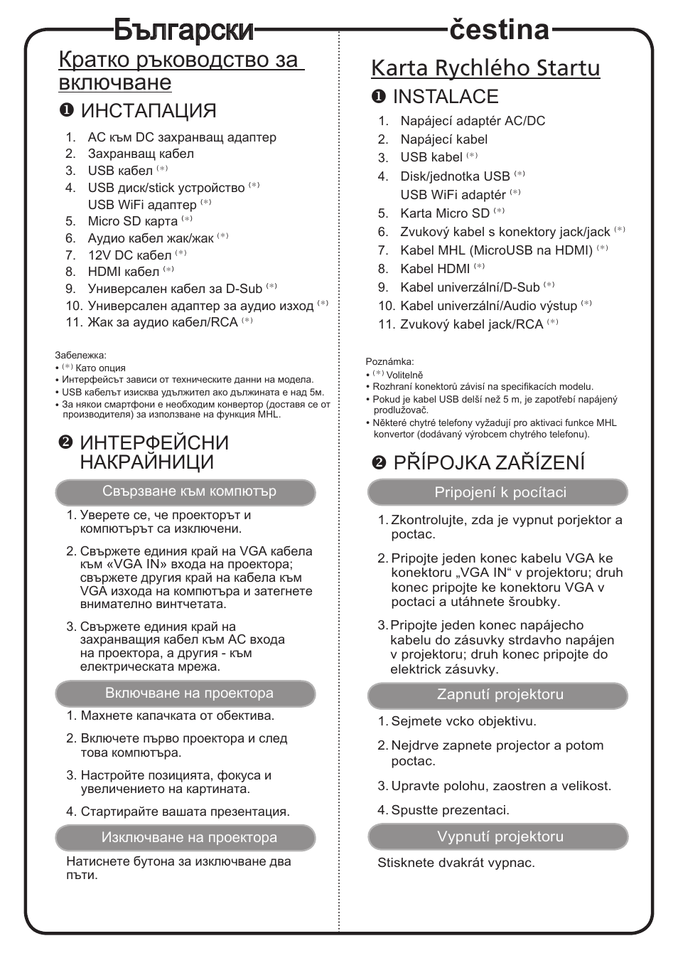 Čestina, Български, Karta rychlého startu | Кратко ръководство за включване, Instalace, Přípojka zařízení, Иhctaпaция, Интерфейсни накрайници | Acer K137 User Manual | Page 3 / 18