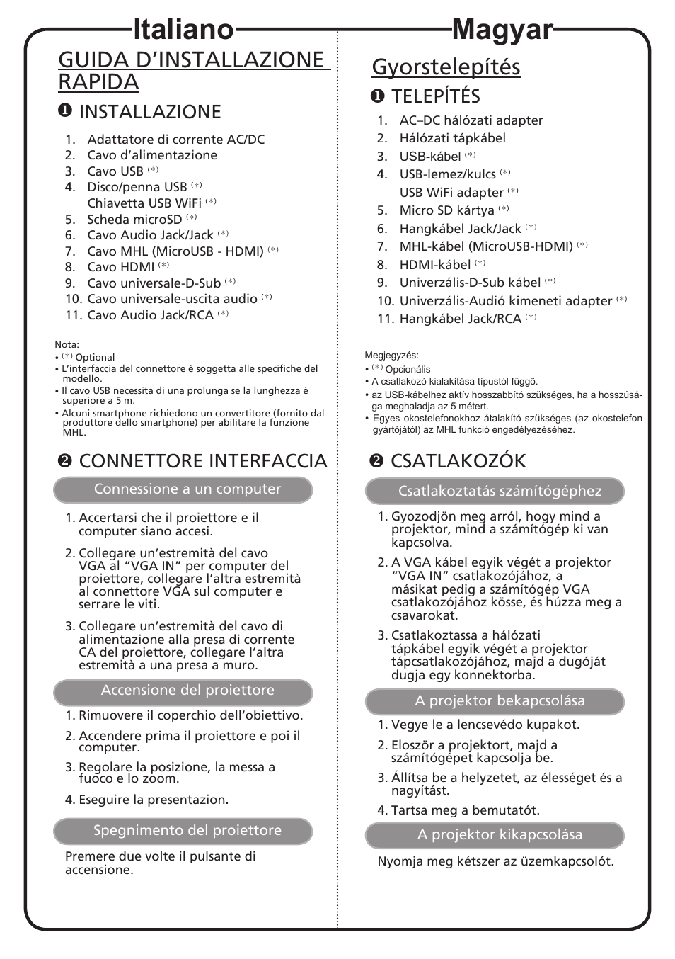 Magyar, Italiano, Gyorstelepítés | Guida d’installazione rapida, Telepítés, Csatlakozók, Installazione, Connettore interfaccia, Csatlakoztatás számítógéphez, A projektor bekapcsolása | Acer K137 User Manual | Page 7 / 18