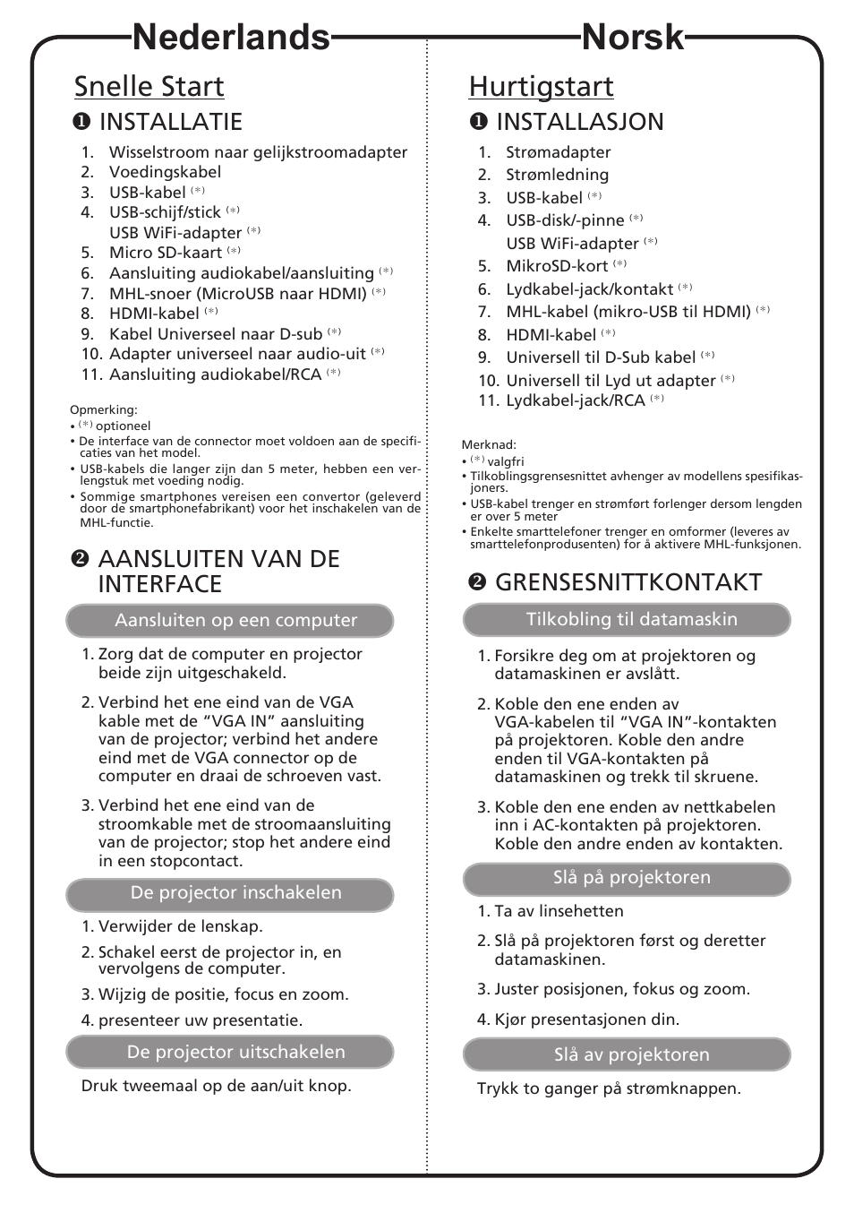 Nederlands, Norsk, Snelle start | Hurtigstart, Installatie, Aansluiten van de interface, Installasjon, Grensesnittkontakt, Aansluiten op een computer, De projector inschakelen | Acer K137 User Manual | Page 8 / 18