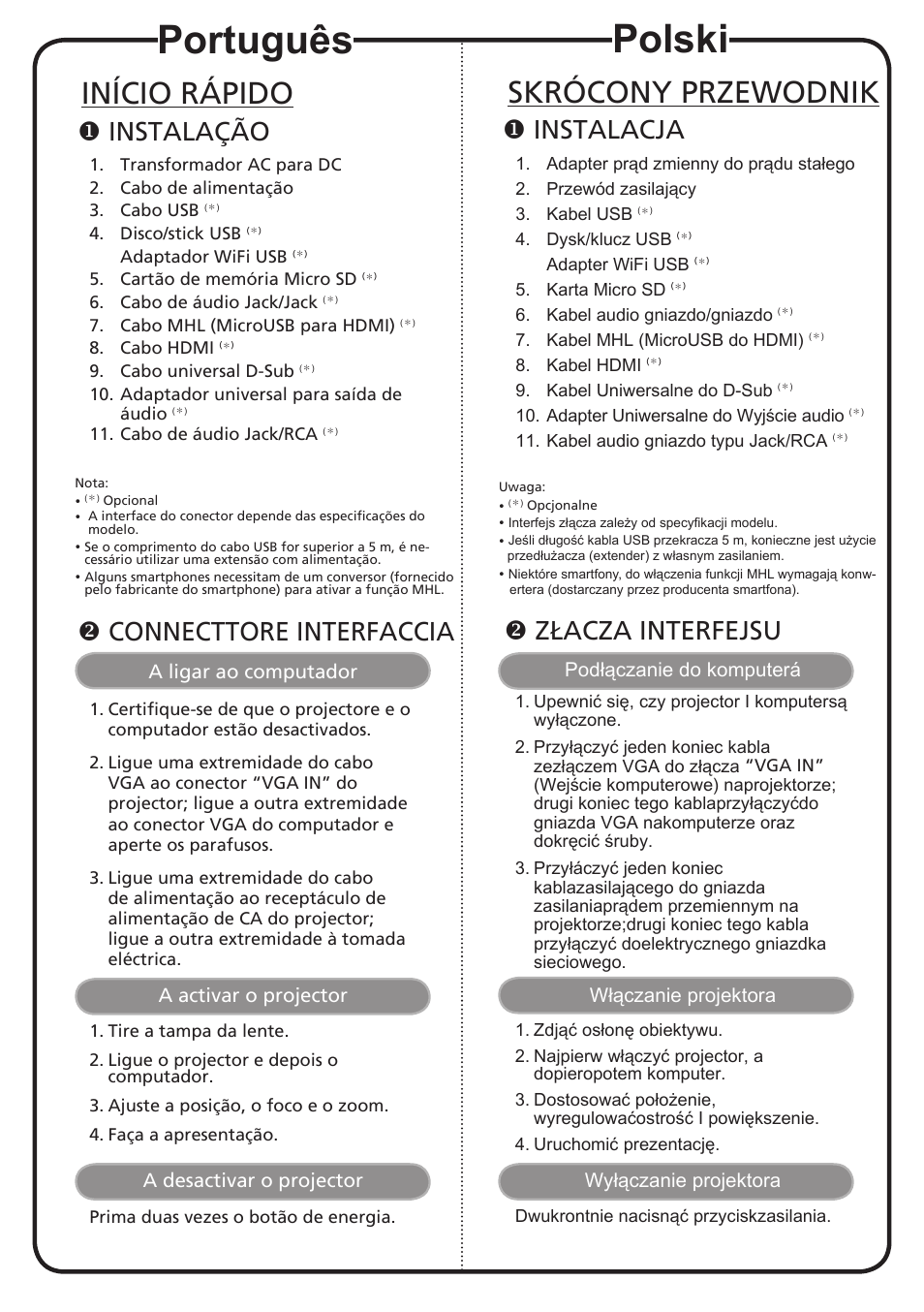 Português, Polski, Início rápido | Skrócony przewodnik, Instalação, Connecttore interfaccia, Instalacja, Złacza interfejsu, A ligar ao computador, A activar o projector | Acer K137 User Manual | Page 9 / 18