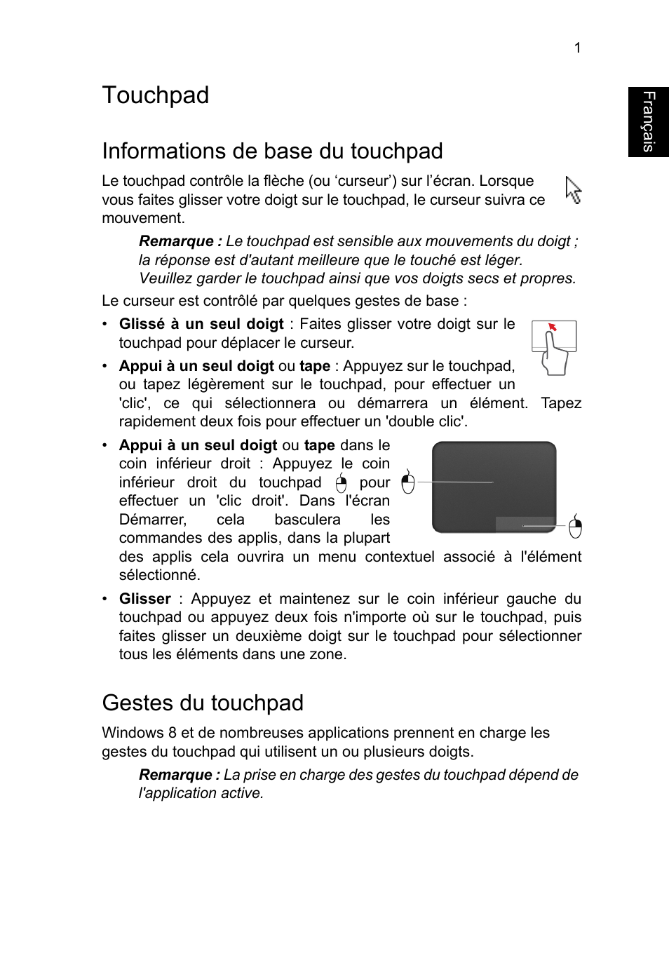 Touchpad, Informations de base du touchpad, Gestes du touchpad | Touchpad 1, Français | Acer TravelMate B113-M User Manual | Page 109 / 2734