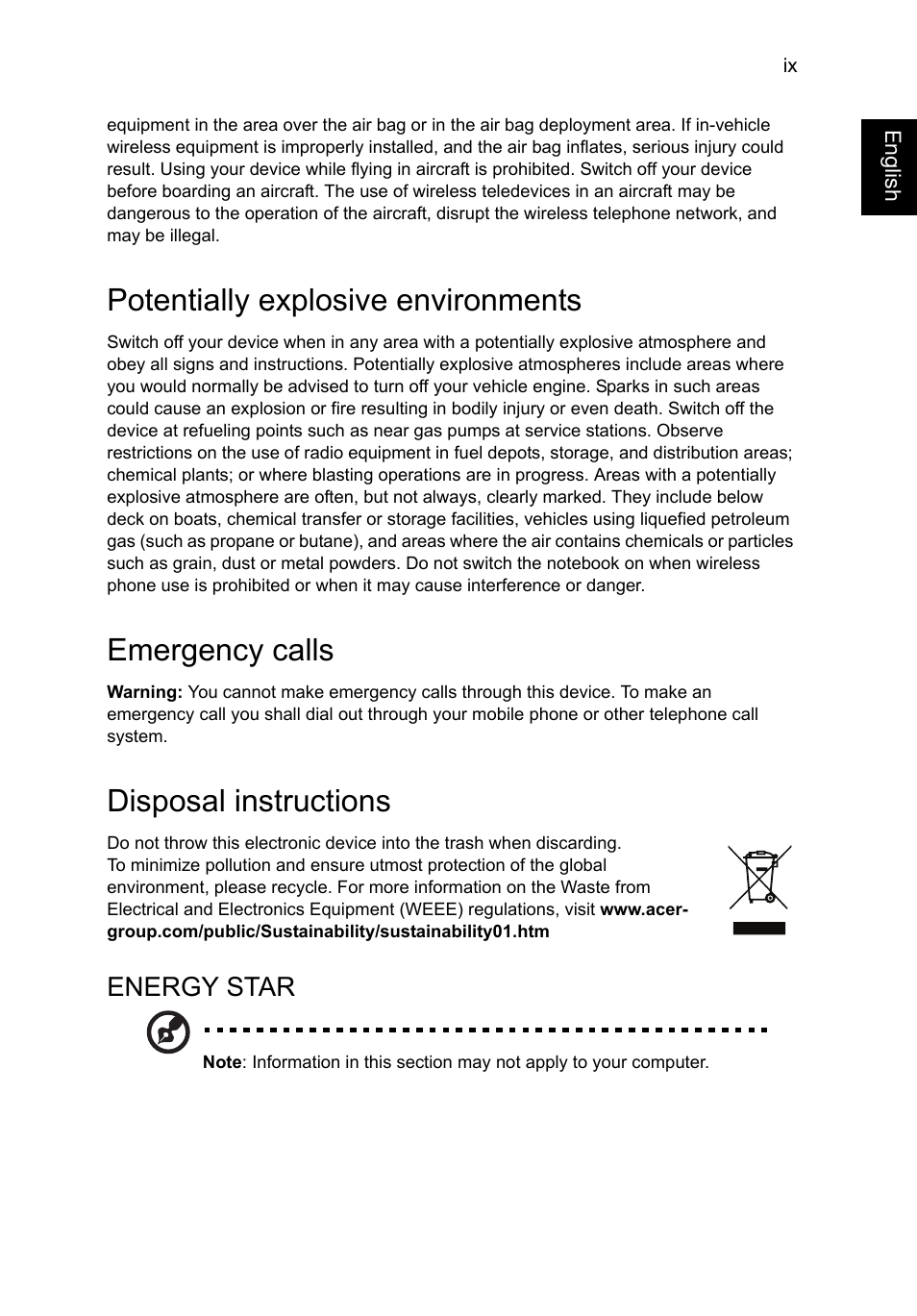 Potentially explosive environments, Emergency calls, Disposal instructions | Energy star | Acer TravelMate B113-M User Manual | Page 11 / 2734