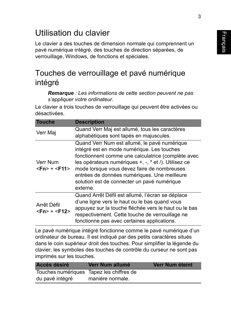 Utilisation du clavier, Touches de verrouillage et pavé numérique intégré, Français | Acer TravelMate B113-M User Manual | Page 111 / 2734