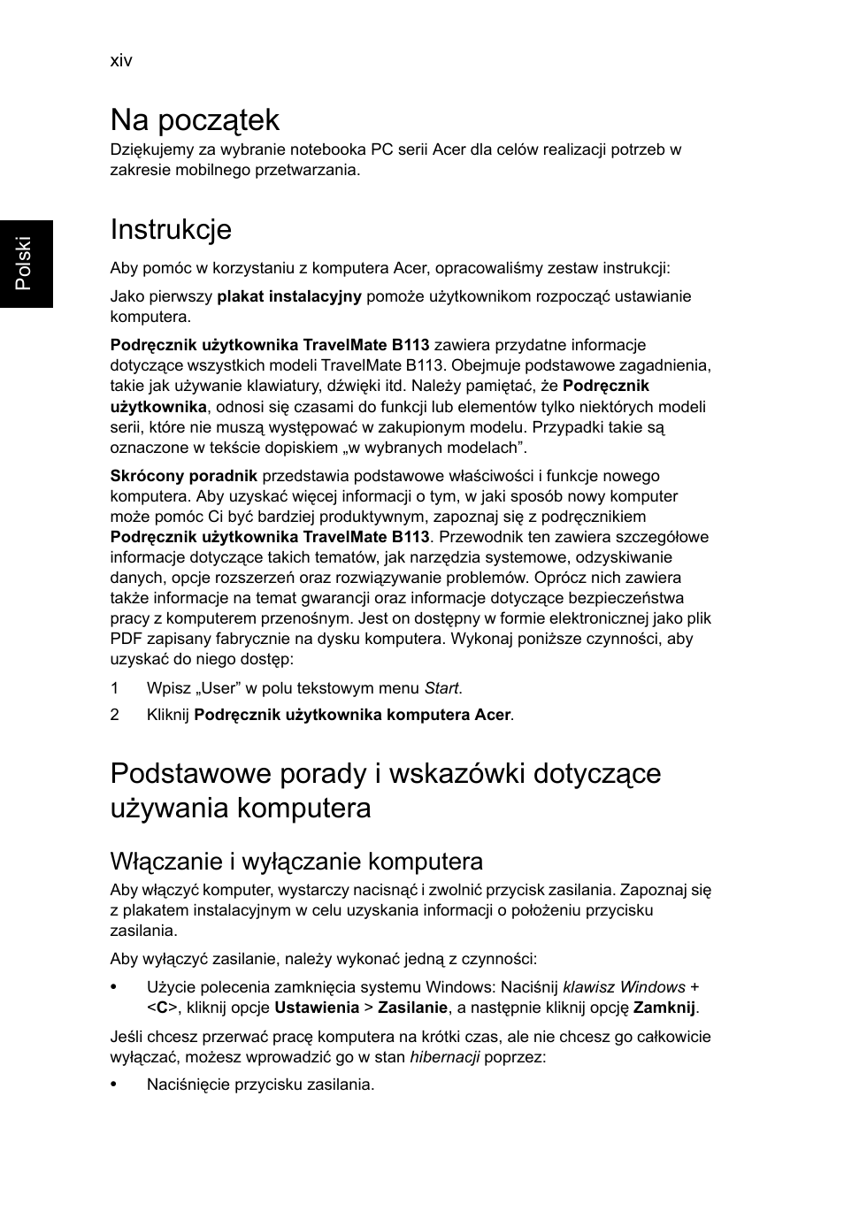 Na początek, Instrukcje, Włączanie i wyłączanie komputera | Acer TravelMate B113-M User Manual | Page 1122 / 2734